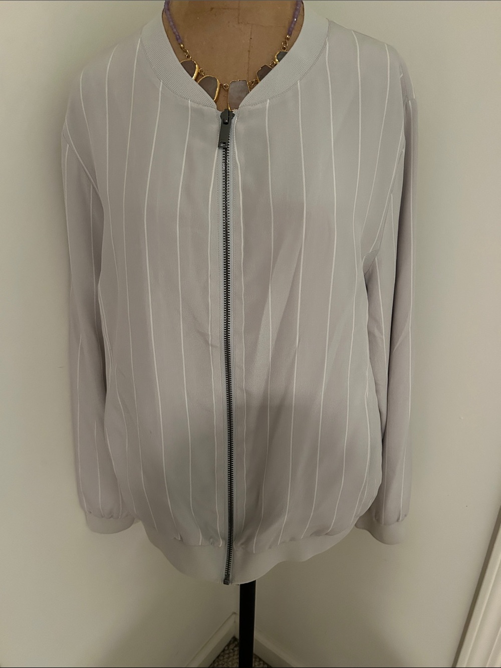 DKNY Light Gray Pinstriped Silk Bomber Jacket